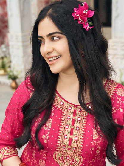 Dhiyona CH Ethnic Motifs Embroidered Round Neck Anarkali Kurta With Trousers & Dupatta