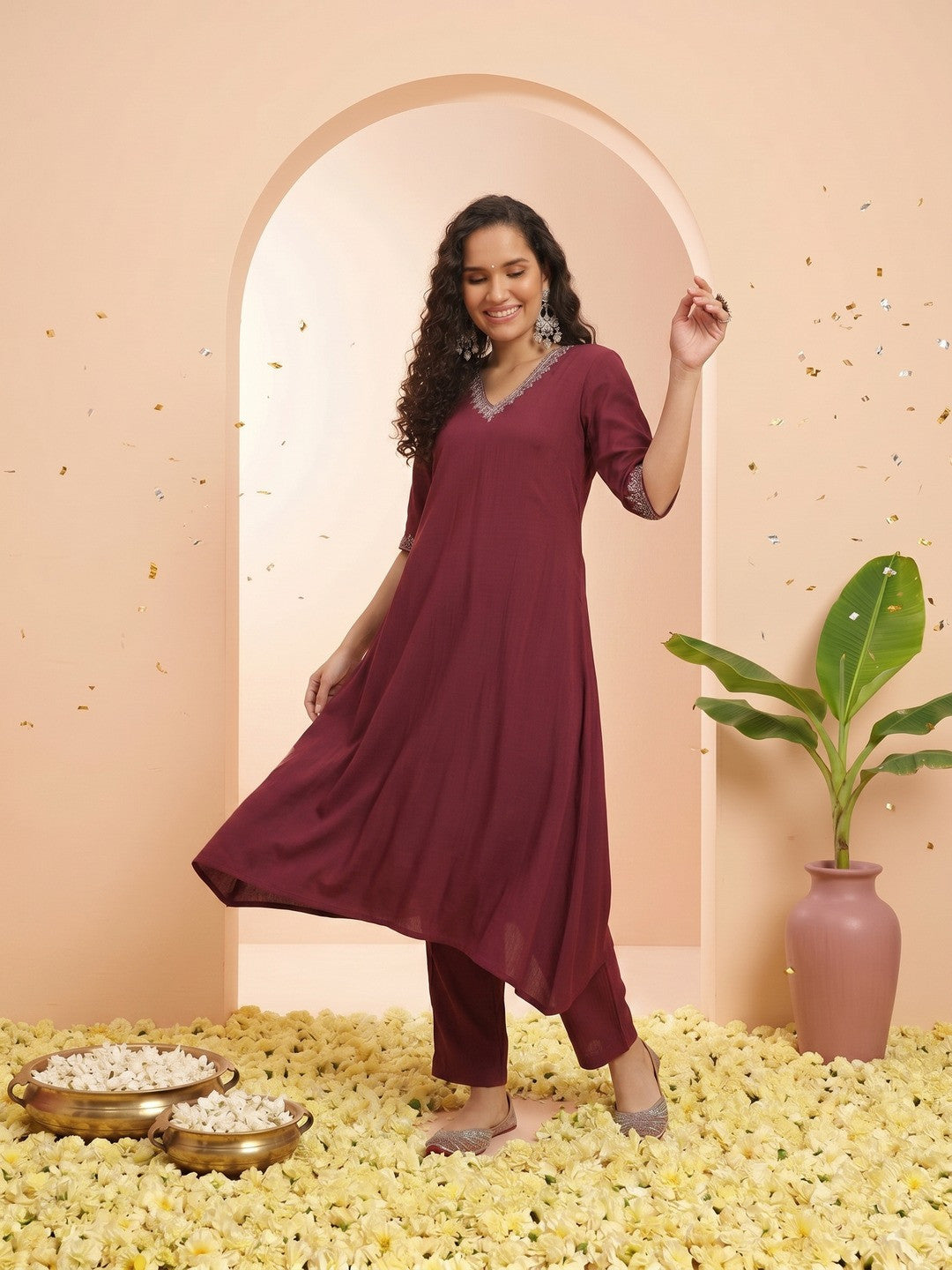 V-Neck Yoke Design A-Line Kurta with Trousers