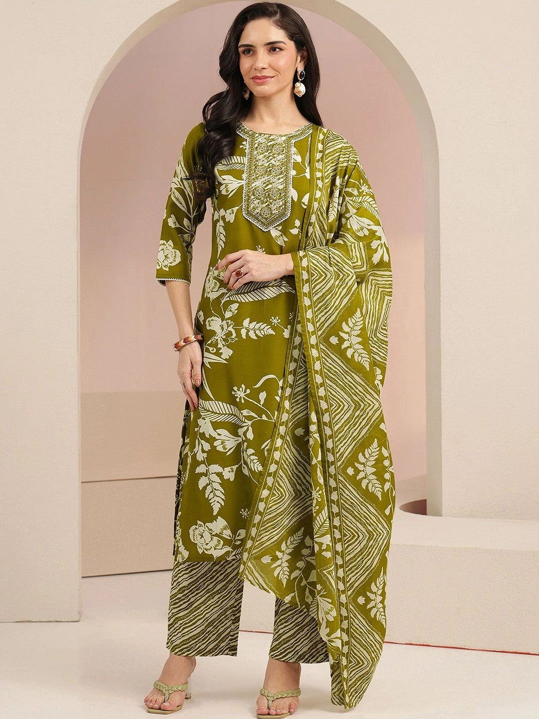 Olive Green Floral Printed Cotton Blend Straight Suit Set