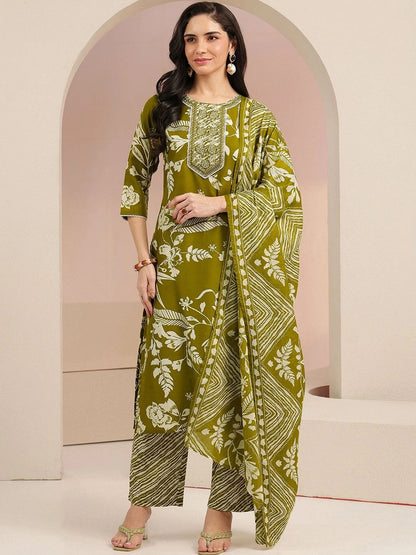 Olive Green Floral Printed Cotton Blend Straight Suit Set