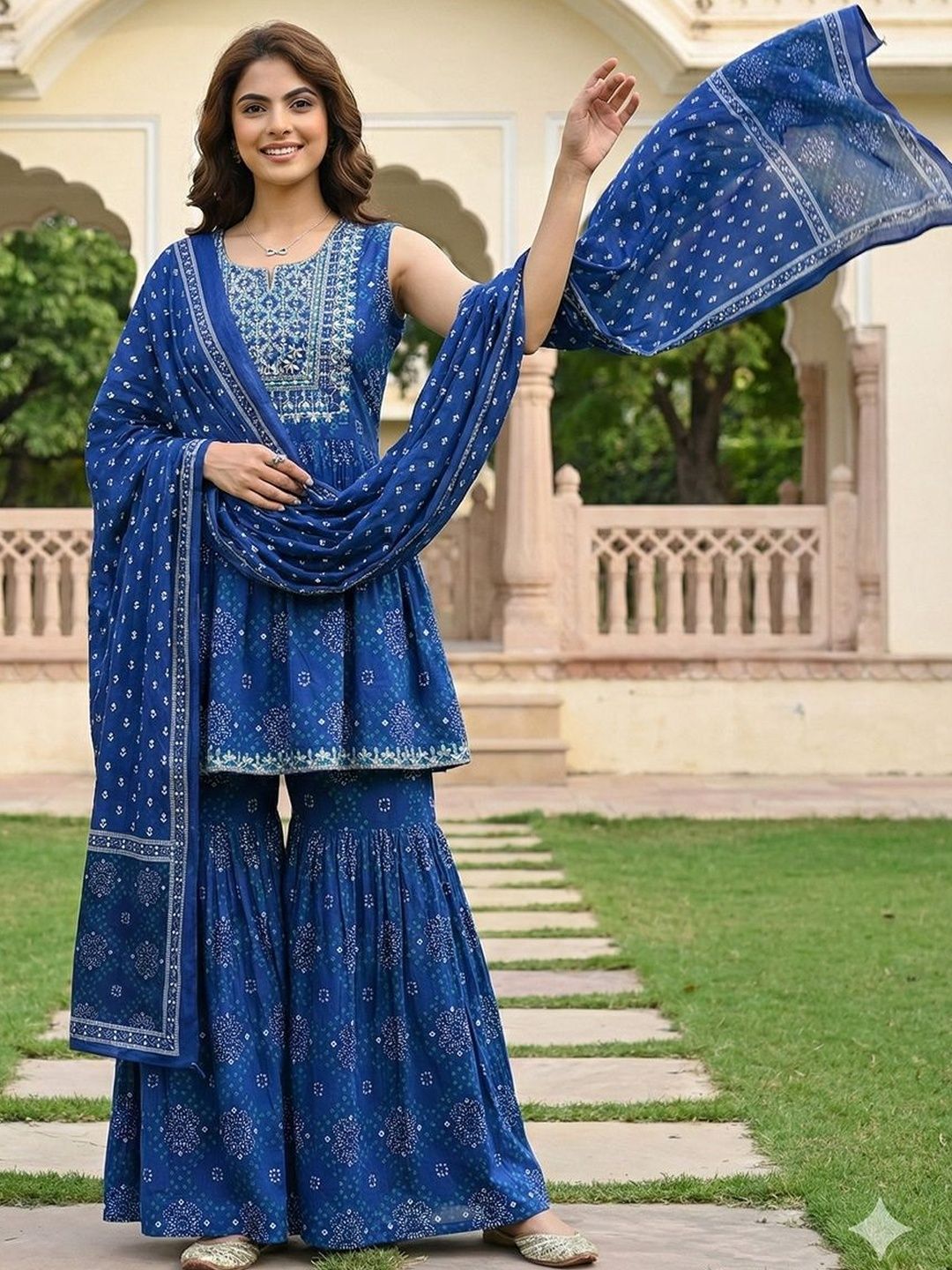 Dhiyona AN Women Ethnic Motifs Printed Empire Thread Work Pure Cotton Kurta with Sharara & With Dupatta