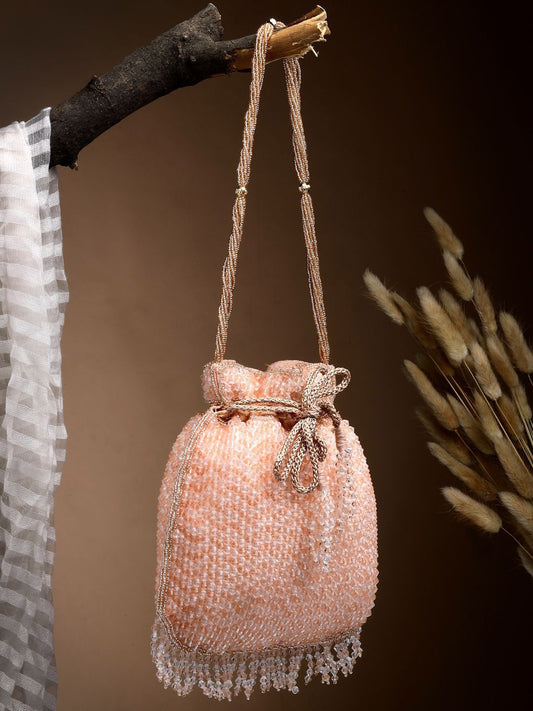 Dhiyona NR Dangle Coral & Gold Striped Embellished Faux Silk Potli