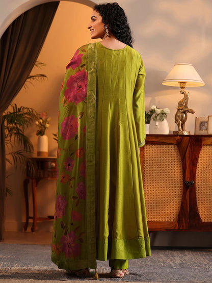 Dhiyona LL Womens Lime green Embroidered Anarkali Kurta With Trousers & Dupatta