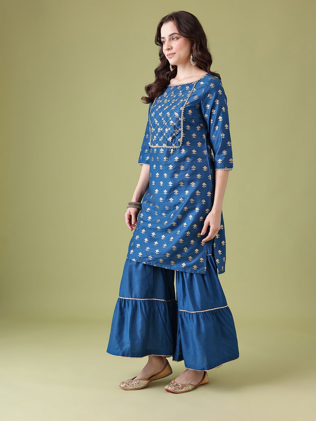 Dhiyona AN Floral Foil Printed Gotta Patti Detail Kurta with Sharara & Dupatta