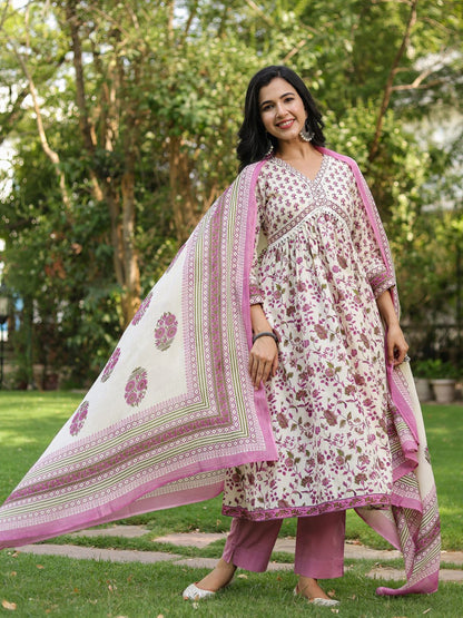 Dhiyona RR Women's Ethnic Motifs Printed Pure Cotton Kurta with Trousers & Dupatta