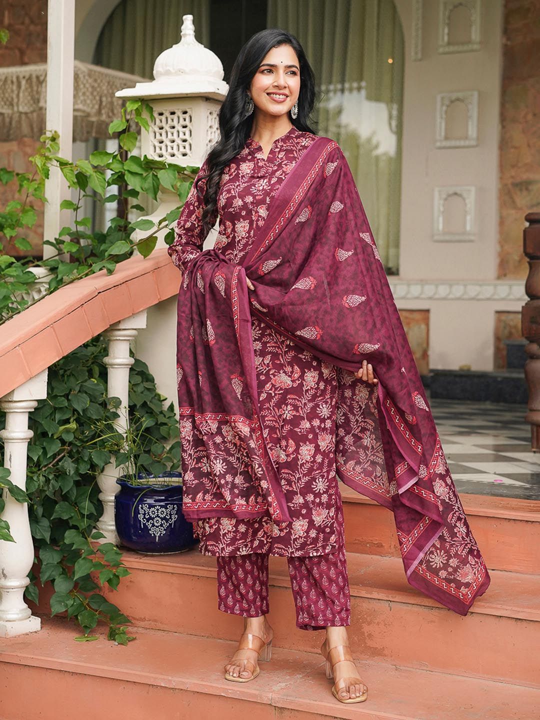 Dhiyona KL Floral Printed Mandarin Collar Straight Kurta With Trousers & Dupatta