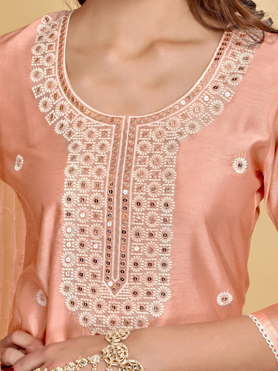 Dhiyona AN Coral Floral Embroidered Chanderi Cotton Straight Kurta With Sharara & Dupatta