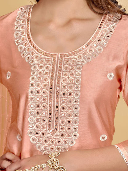Dhiyona AN Coral Floral Embroidered Chanderi Cotton Straight Kurta With Sharara & Dupatta
