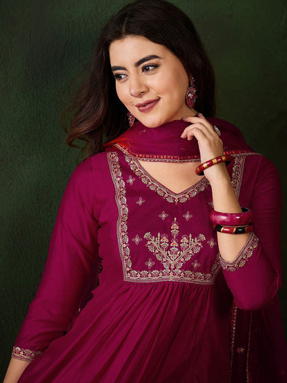 Floral Embroidered Zari A Line Kurta With Trousers