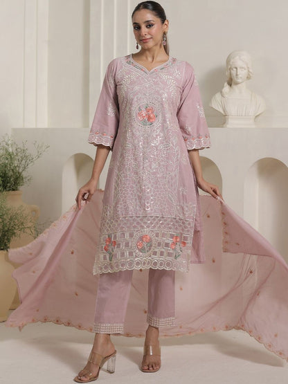 Women Floral Embroidered Cotton Kurta with Trousers & Dupatta