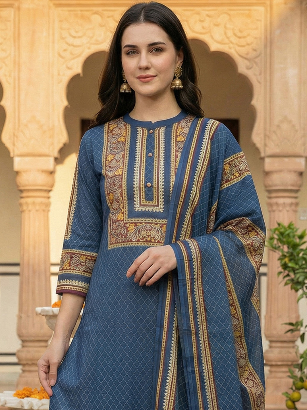 Women Ethnic Motifs Printed Regular Pure Cotton Kurta with Trousers & With Dupatta