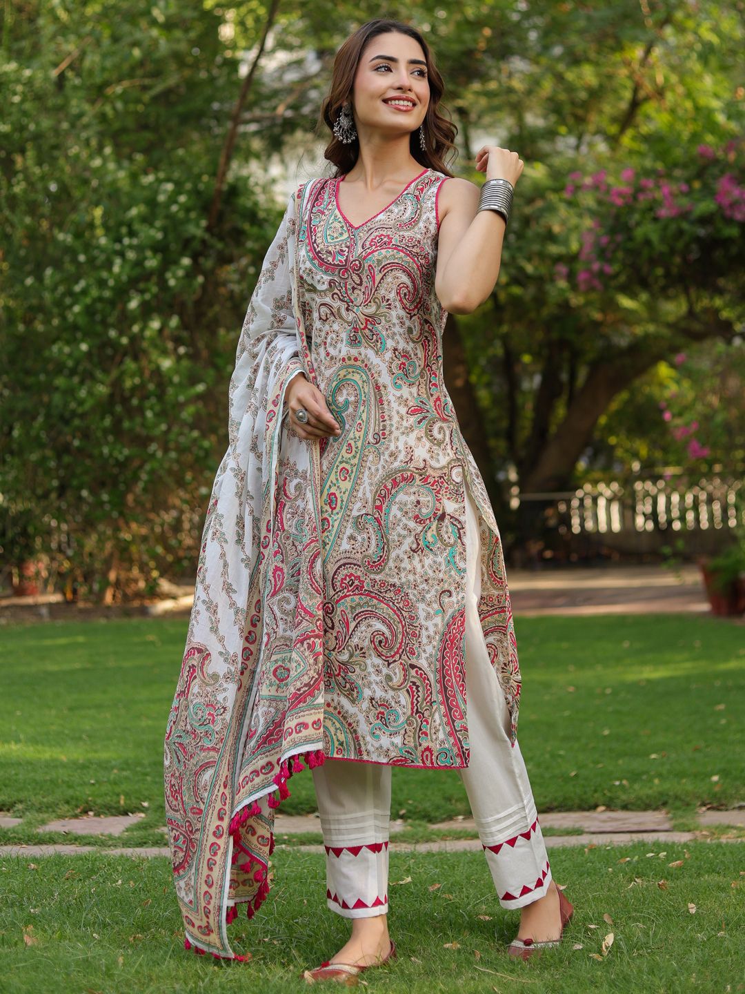 Dhiyona RR Women's Ethnic Printed Regular Pure Cotton Kurta With Trousers & Dupatta
