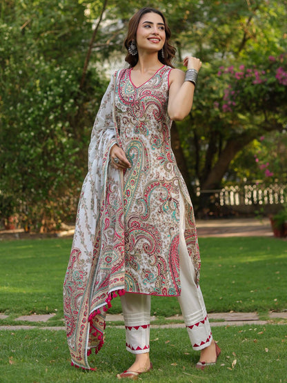 Dhiyona RR Women's Ethnic Printed Regular Pure Cotton Kurta With Trousers & Dupatta