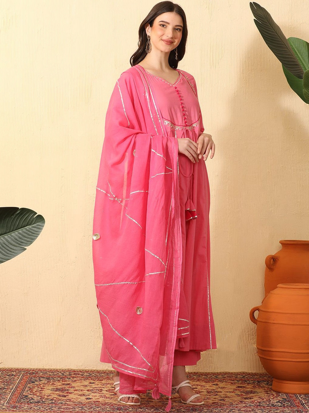 Women Ethnic Motifs Empire Sequinned Pure Cotton Kurta Trousers & Dupatta