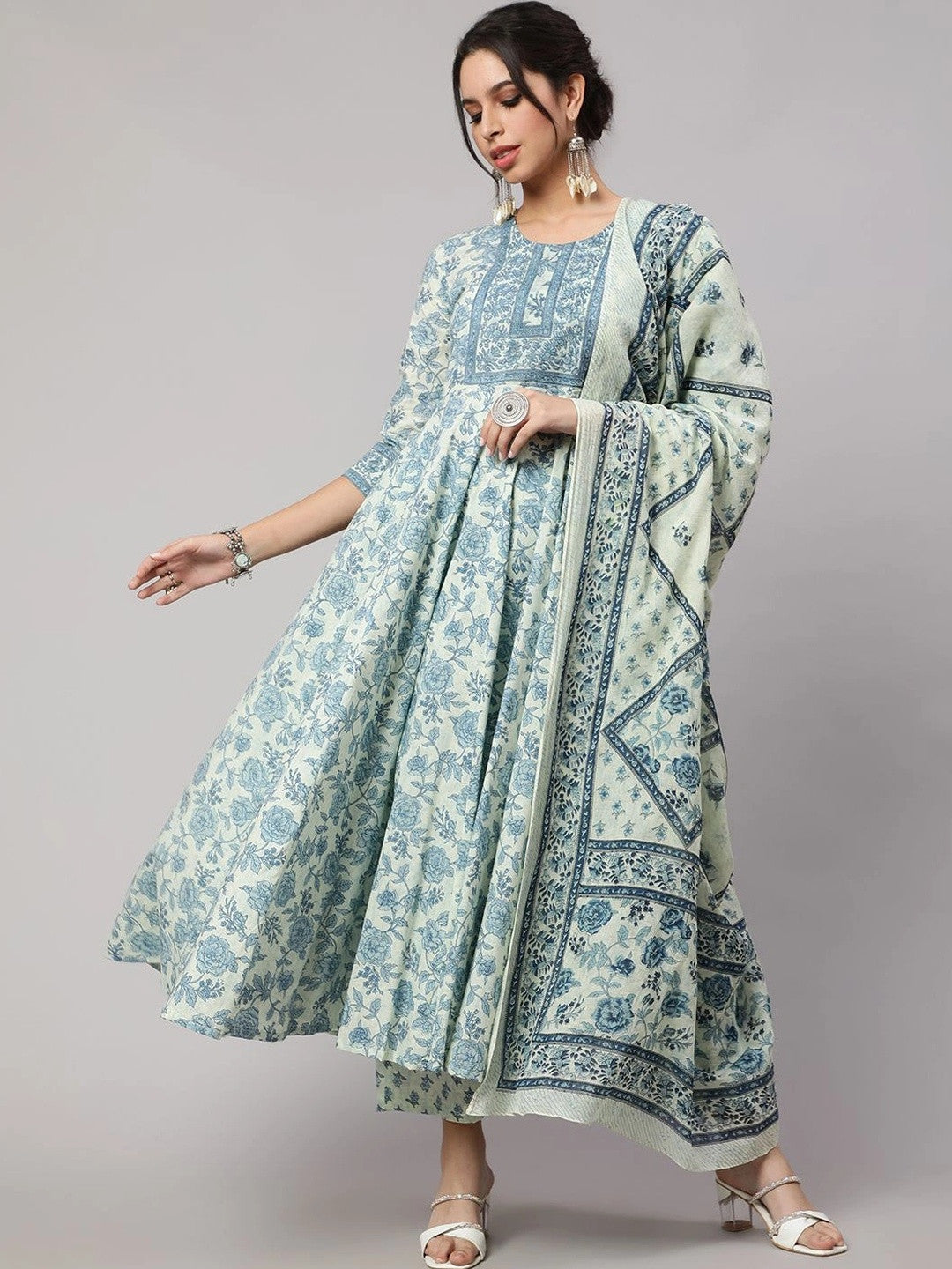 Women Floral Printed Regular Pure Cotton Kurta with Palazzos & With Dupatta