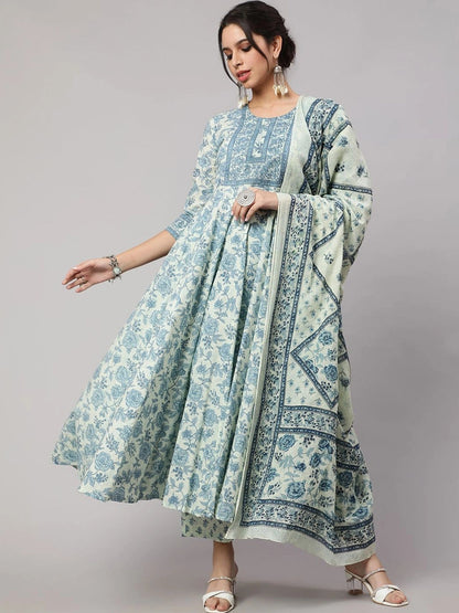 Women Floral Printed Regular Pure Cotton Kurta with Palazzos & With Dupatta