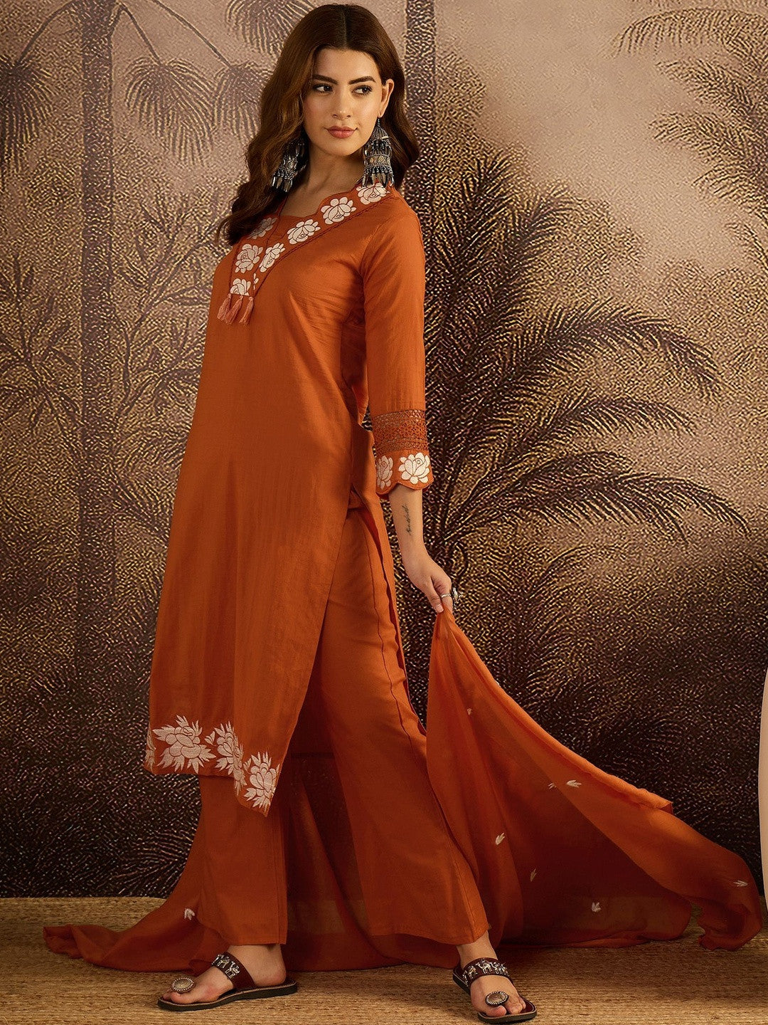 Embroidered Cotton Kurta with Trousers & Dupatta Set