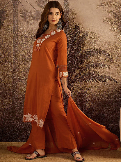 Embroidered Cotton Kurta with Trousers & Dupatta Set