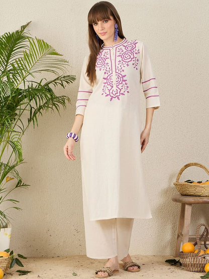 Floral Yoke Design Mandarin Collar Thread Work Straight Kurta & Palazzos