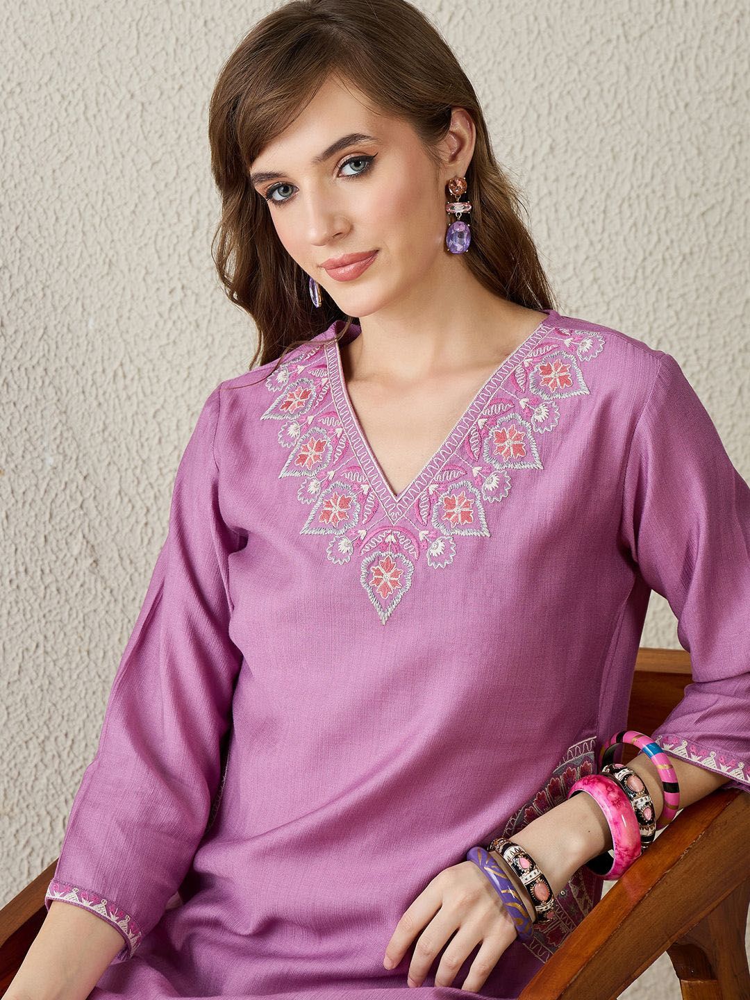 Dhiyona IE Embroidered V-Neck Tunic With Trouser