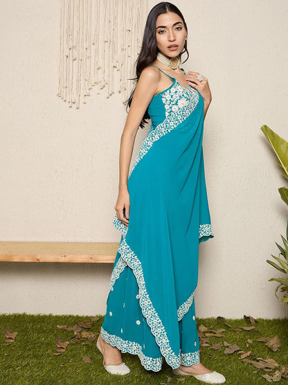 Dhiyona AN Sea Green & White Floral Embroidered Shoulder Straps Top with Sharara & Dupatta
