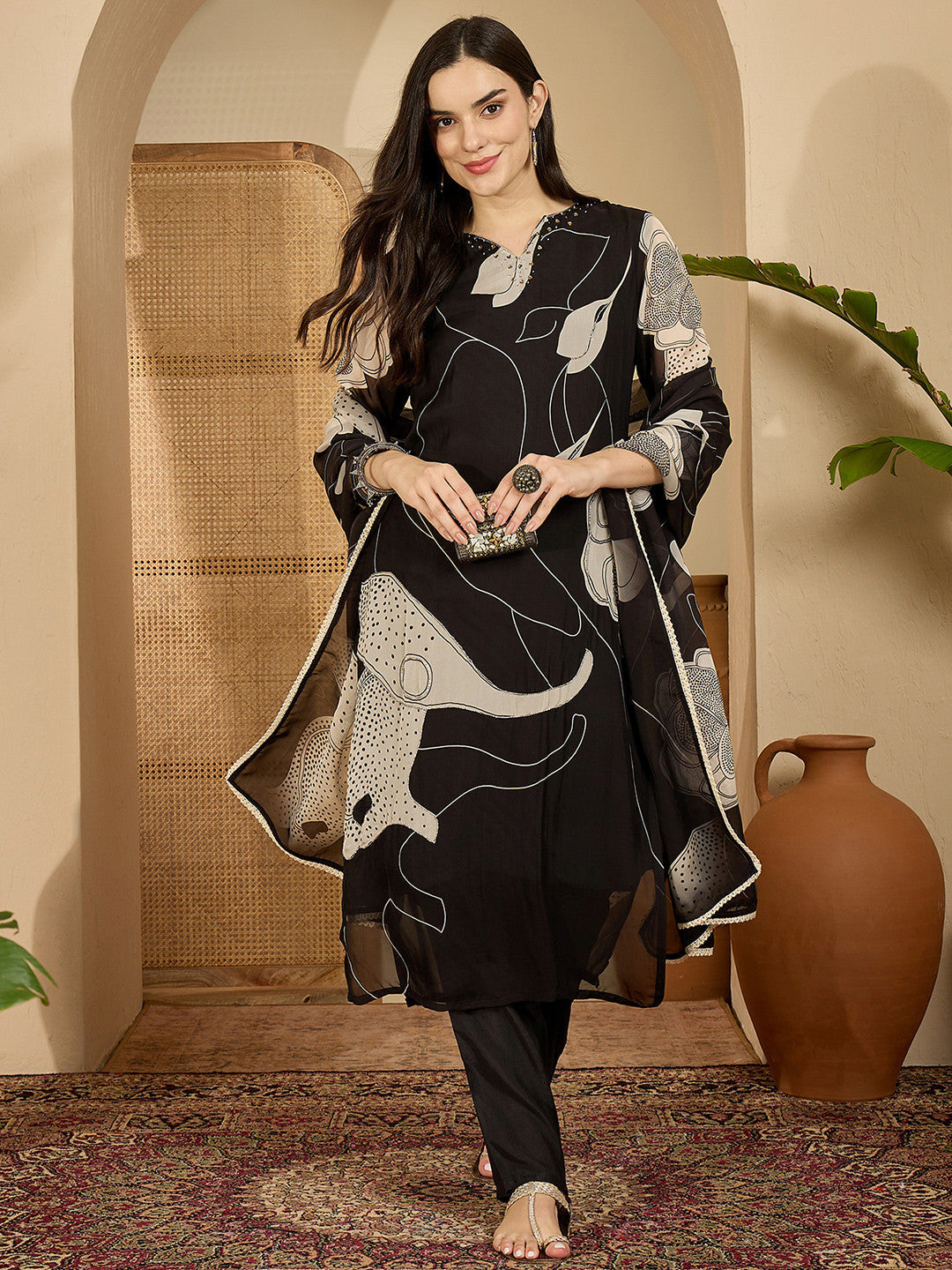 Printed Straight Kurta & Trousers With Dupatta