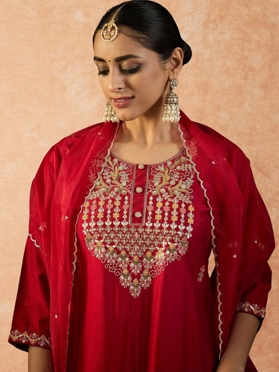 Dhiyona IE Women Ethnic Motifs Embroidered Regular Sequinned Liva Kurta with Trousers & With Dupatta