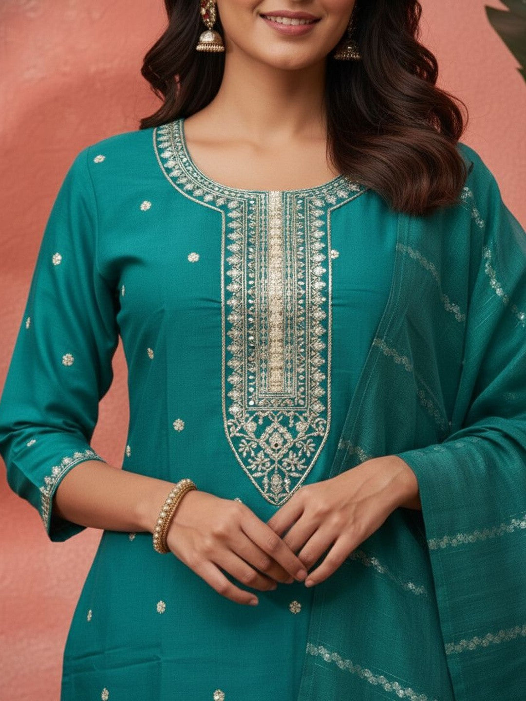 Embroidered Round Neck Kurta & Trousers with Dupatta