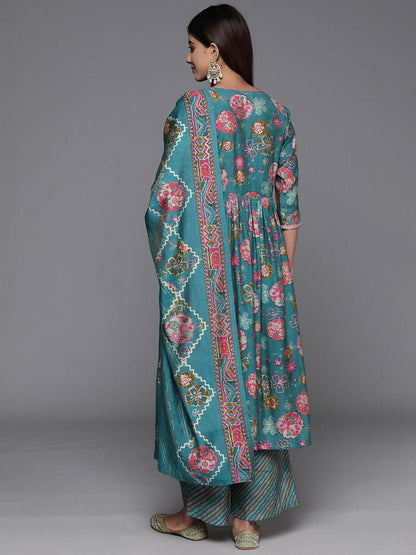 Women's LB Blue Printed Silk Blend A-Line Kurta With Palazzos & Dupatta