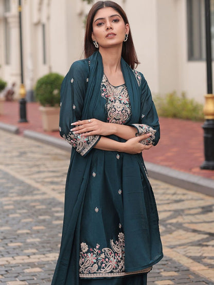 Dhiyona CH Women Ethnic Motifs Embroidered Regular Thread Work Kurta with Palazzos & With Dupatta