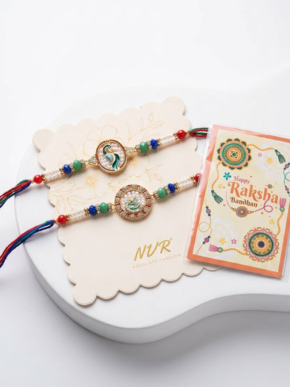 Dhiyona Set Of 2 Multicolor Peacock Design Rakhi With Roli Chawal Chandan Mishri
