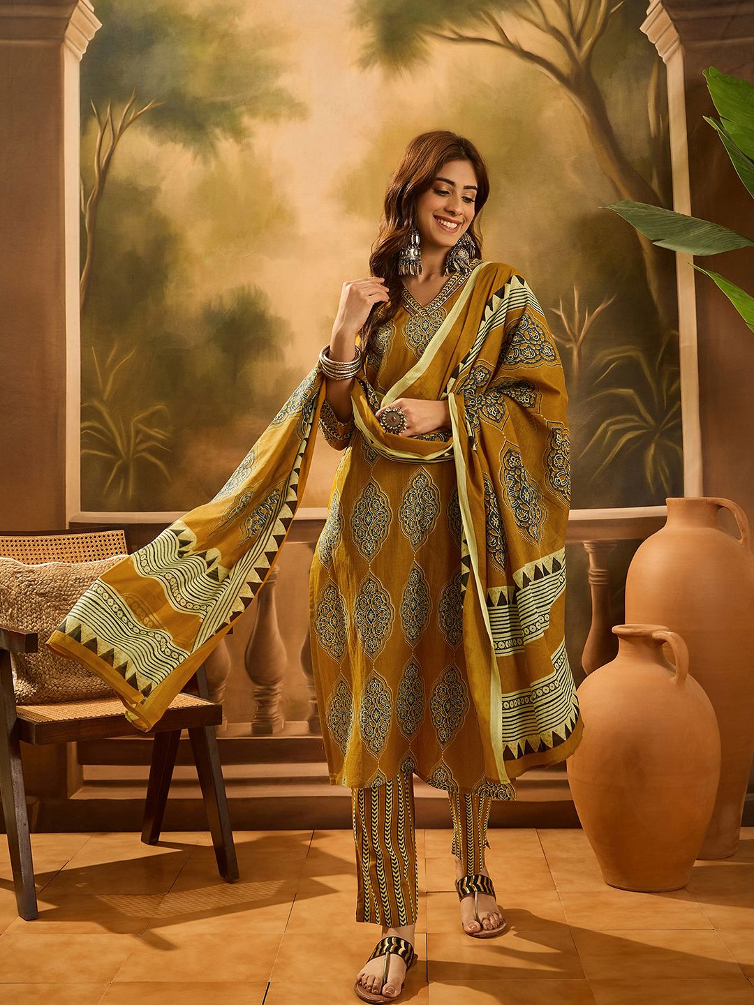 Dhiyona SN Women's Ethnic Motif Printed V-Neck Pure Cotton Straight Kurta With Trouser & Dupatta