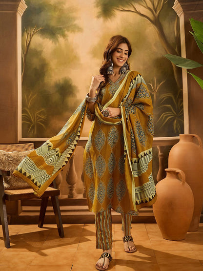 Dhiyona SN Women's Ethnic Motif Printed V-Neck Pure Cotton Straight Kurta With Trouser & Dupatta