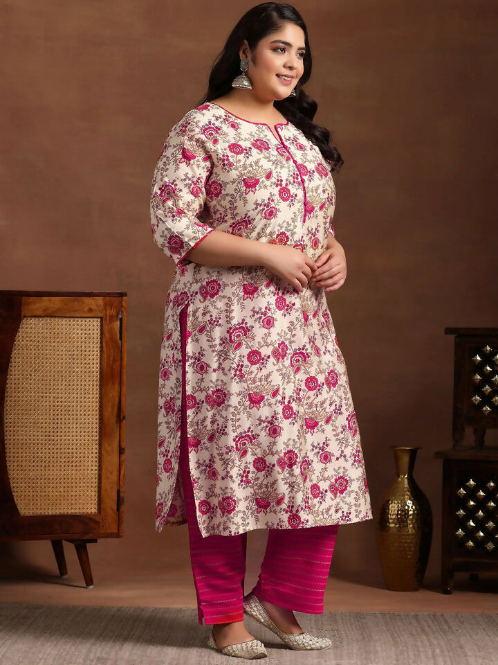 Women's LB Plus Size Pink Printed Silk Blend Straight Suit With Dupatta