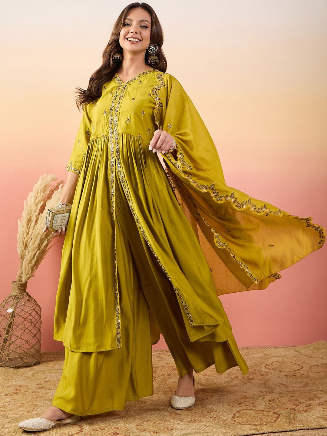 Dhiyona SN Embroidered Kurta With Palazzos & Dupatta