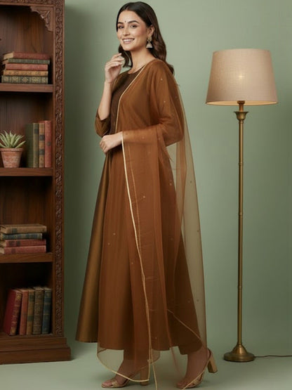 Solid Anarkali Kurta with Trouser & Dupatta