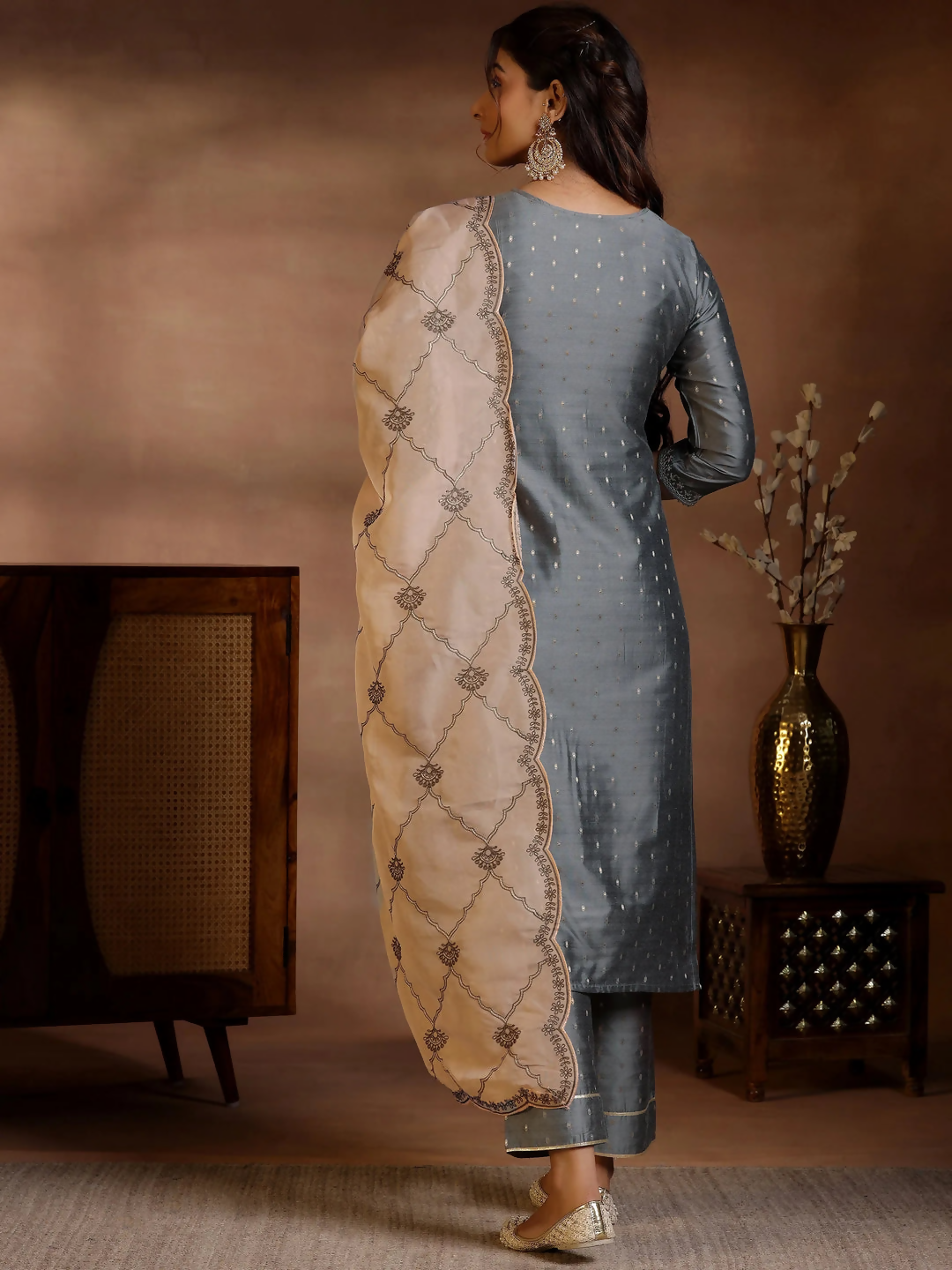 Women's LB Grey Yoke Design Silk Blend Straight Suits With Dupatta