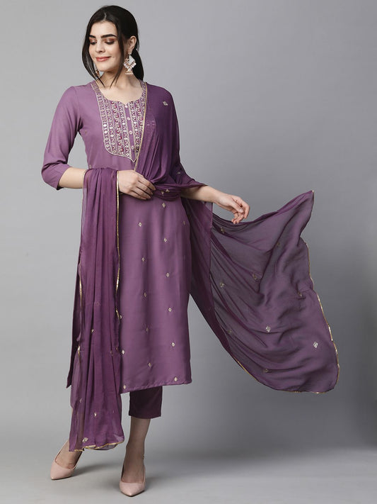 Dhiyona KL Women Ethnic Motifs Embroidered Regular Thread Work Kurta with Trousers & With Dupatta