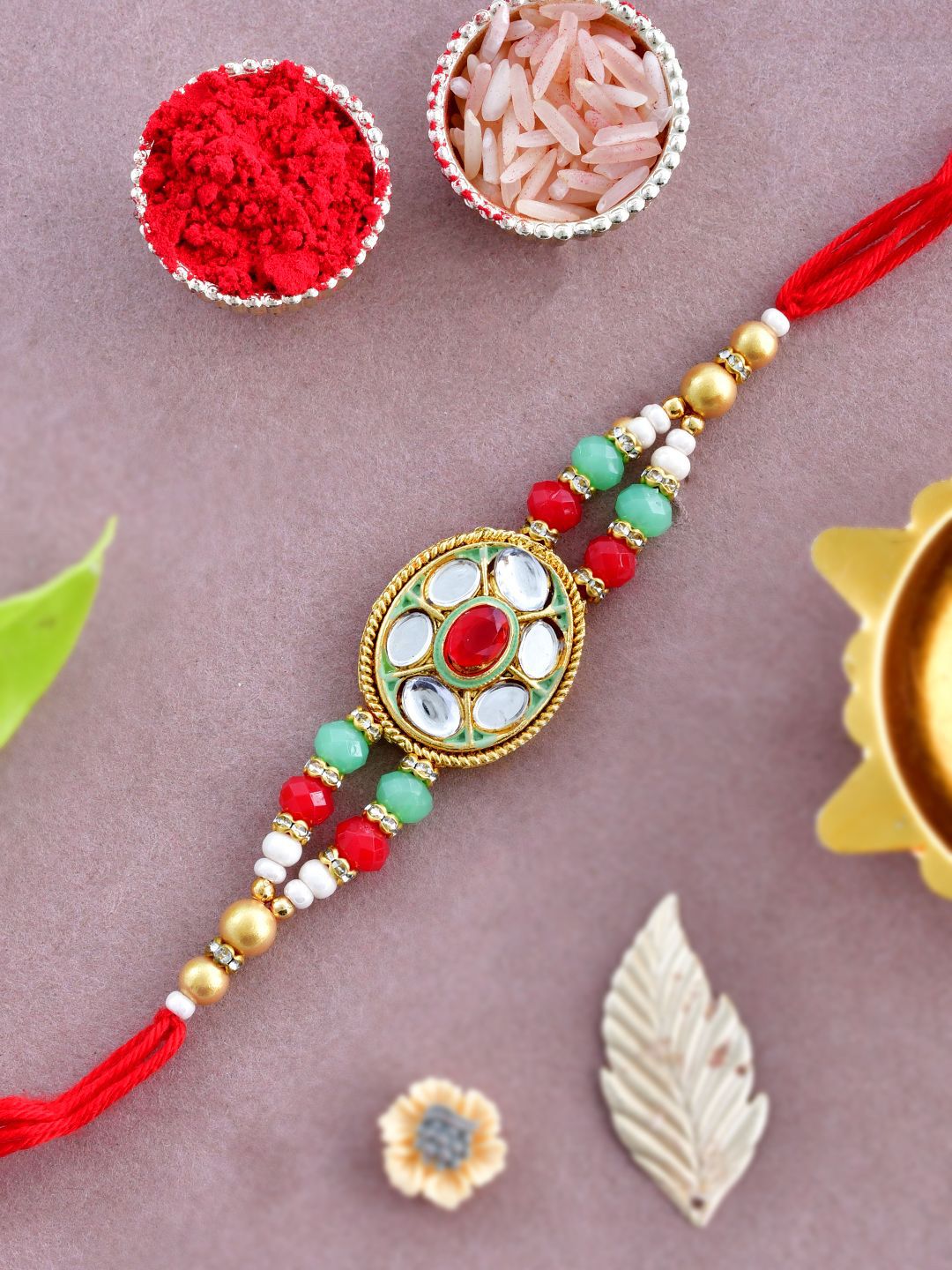 Dhiyona Gold-Toned Kundan-Studded & Beaded Rakhi With Roli Chawal & Greeting Card