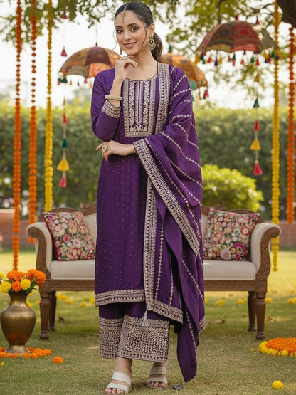 Dhiyona KL Women Ethnic Motifs Embroidered Regular Thread Work Kurta with Palazzos & With Dupatta