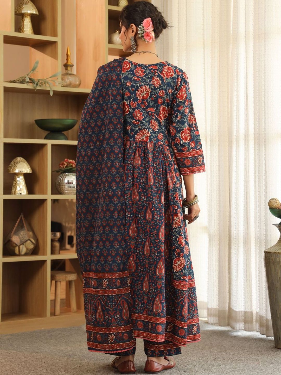 Dhiyona RR Women's Ethnic Motifs Printed Pleated Pure Cotton Kurta with Trousers & With Dupatta