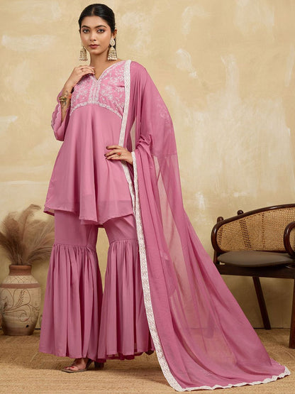 Dhiyona HOP Women Floral Embroidered A-Line Kurta with Sharara & Dupatta