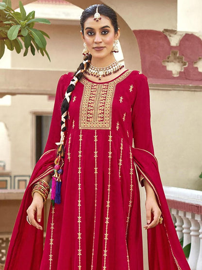 Dhiyona CH Women Woven Design Embroidered Anarkali Kurta with Trousers & Dupatta