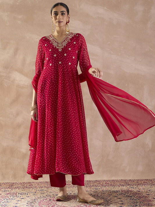 Ethnic Motifs Printed Georgette Anarkali Kurta With Trousers & Dupatta