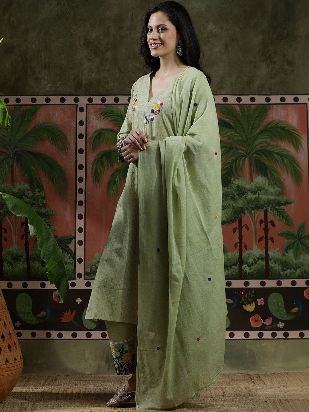 Embroidered Pure Cotton V-Neck Kurta & Trousers Kurta Sets