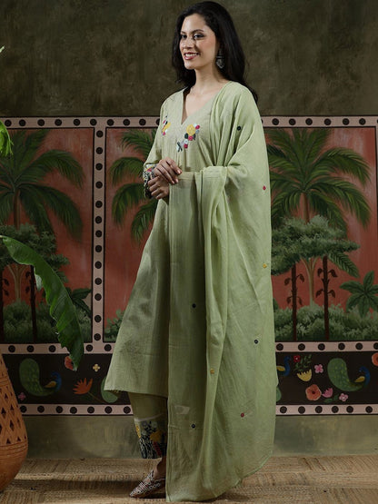 Embroidered Pure Cotton V-Neck Kurta & Trousers Kurta Sets