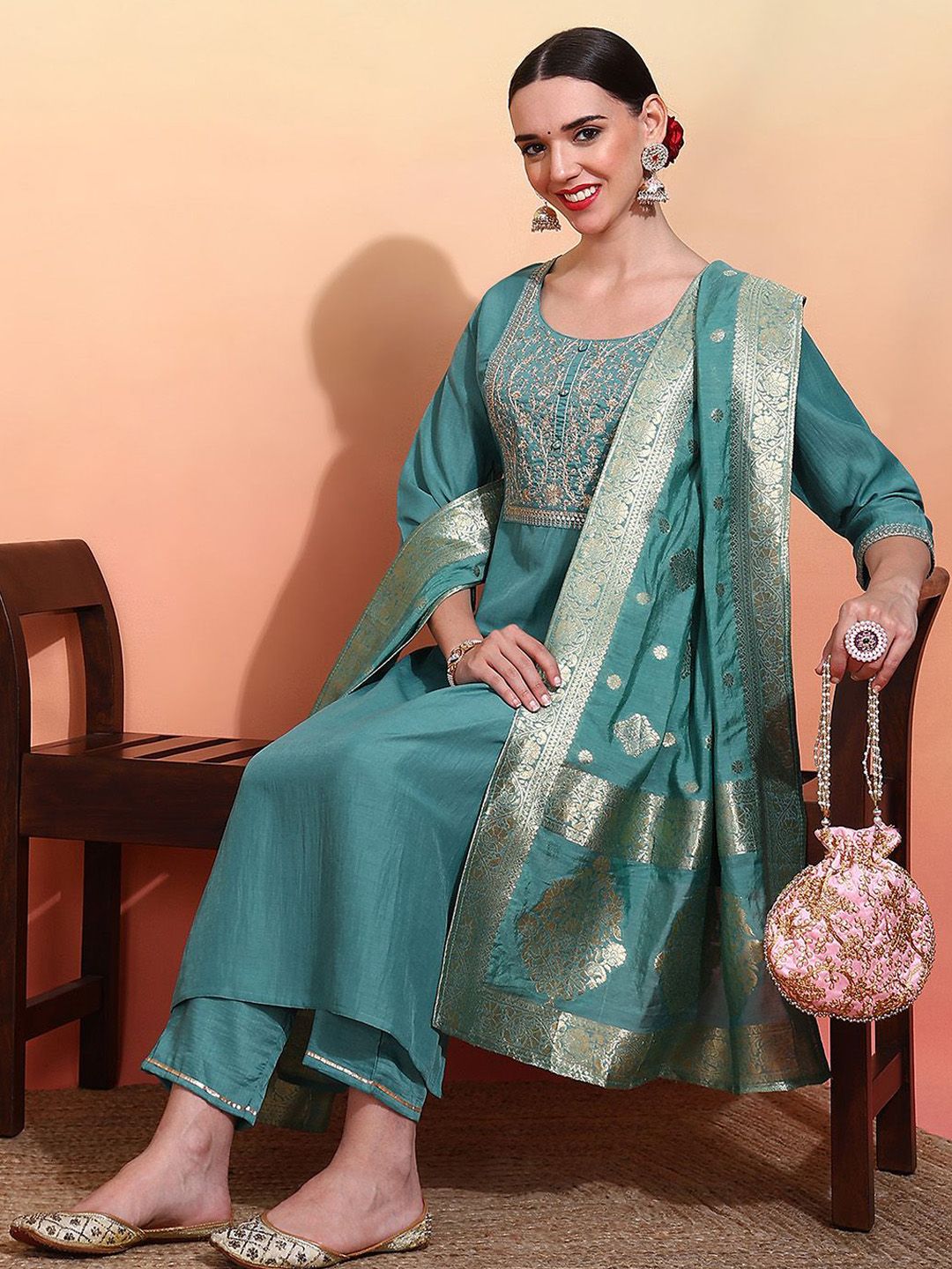 Dhiyona OD  Women Embroidered Regular Kurta with Trousers & With Dupatta