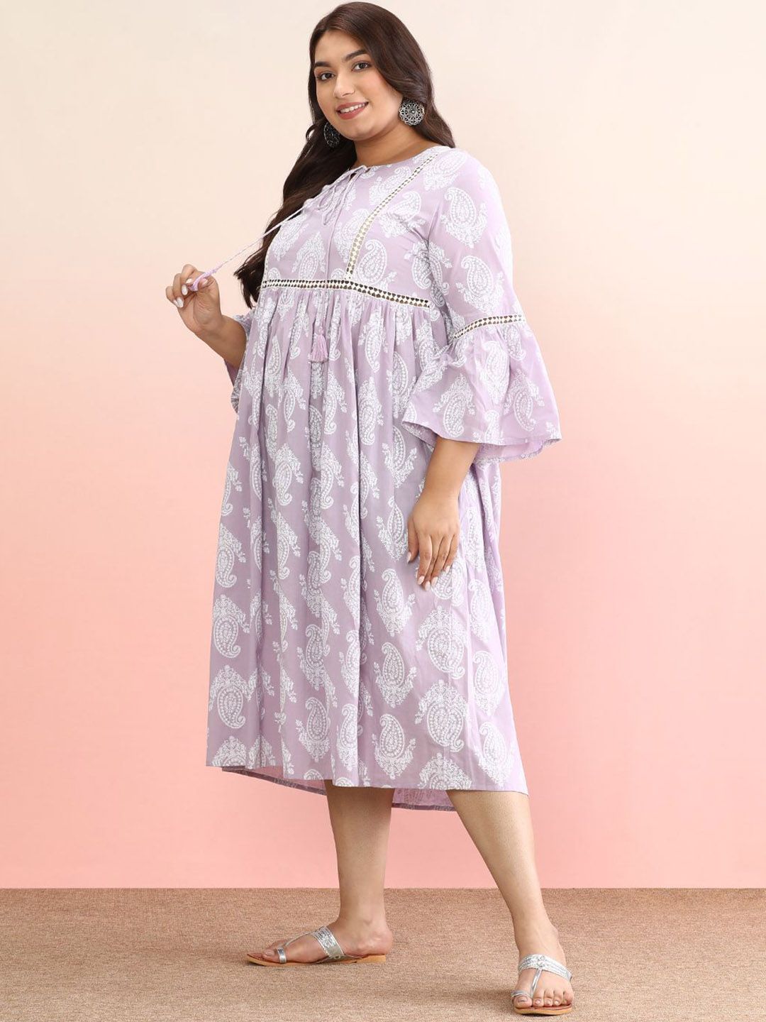 Dhiyona AY Women's Plus Size Ethnic Motifs Printed Tie-Up Neck Pure Cotton A-Line Dress