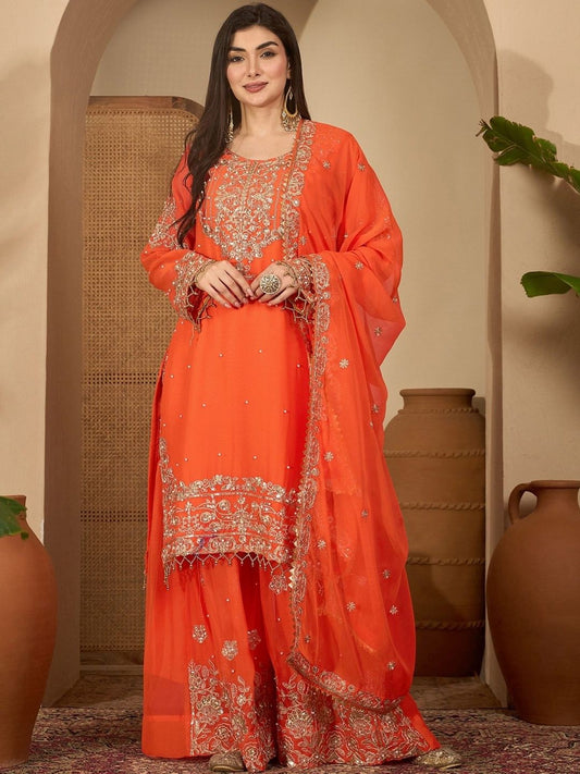 Dhiyona SN Faux Georgette Sequence With Pearl Work Kurta With Palazzos & Dupatta