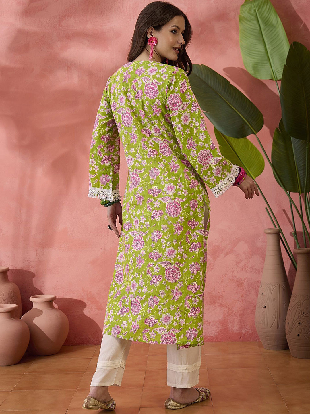 Floral Printed Cotton V-Neck Straight Kurta With Trouser
